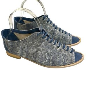 Bhava 100% Vegan Lace Up Peep Toe Flats Blue Cream SZ 7